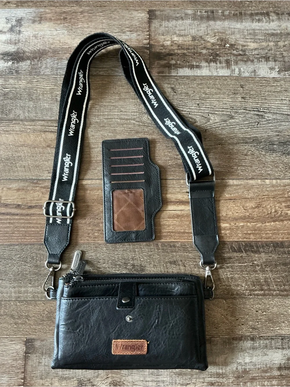 Wrangler Black Crossbody Phone Pouch with Brown Cardholder